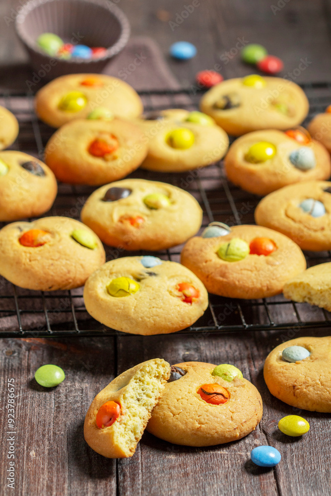 Traditional homemade cookies with chocolate candies in glaze. Shortbread.