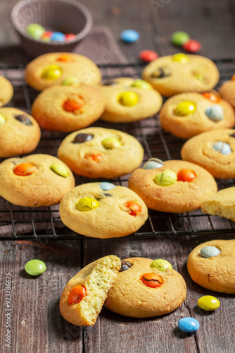 Traditional homemade cookies with chocolate candies in glaze. Shortbread.