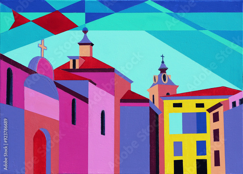 Art painting of the Plaza de Santa Teresa in Alba de Tormes, Spain photo