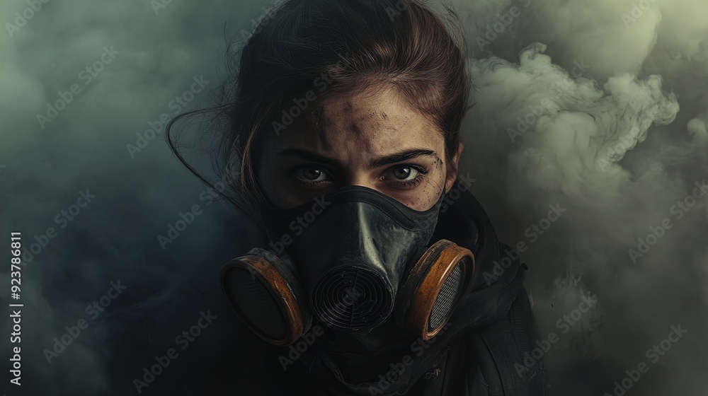 Challenging the Shadows: A Unique Poster Featuring a Resilient Female Character in Respirator Amidst Dense Smoke - Perfect for Sports or Urban Decor Challenging the Shadows: A Unique Poster Featuring a Resilient Female Character in Respirator Amidst Dense Smoke - Perfect for Sports or Urban Decor