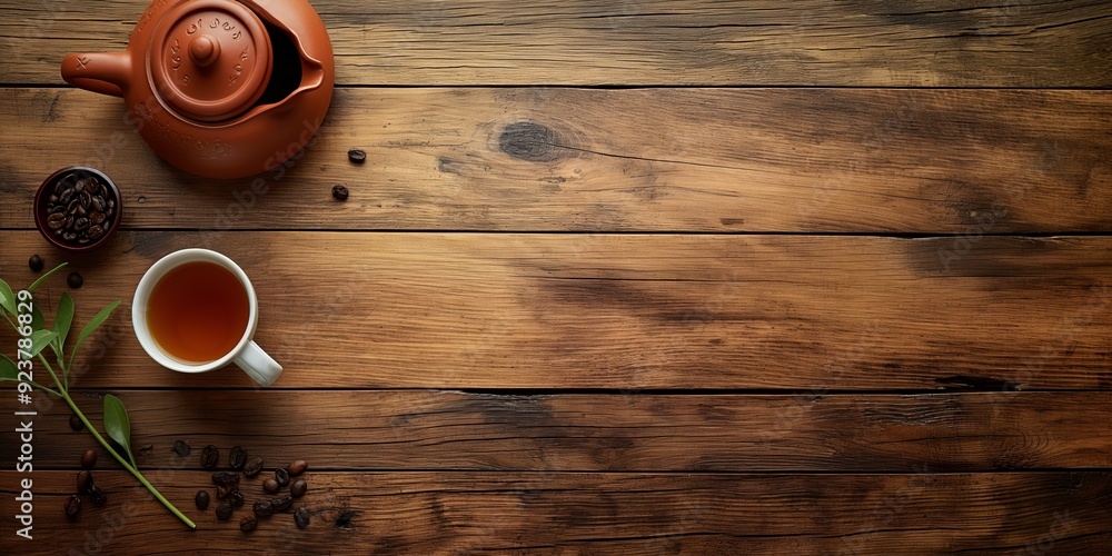 A cozy tea set with a cup, leaves, and coffee beans on a rustic wooden table. A cozy tea set with a cup, leaves, and coffee beans on a rustic wooden table.