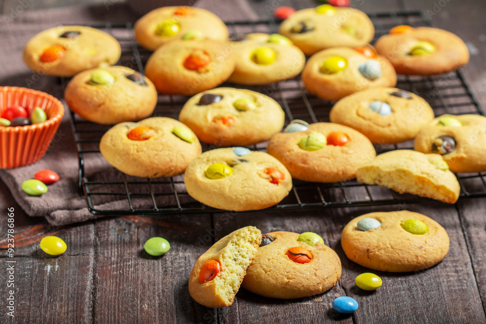 Traditional homemade cookies with chocolate candies in glaze. Shortbread.