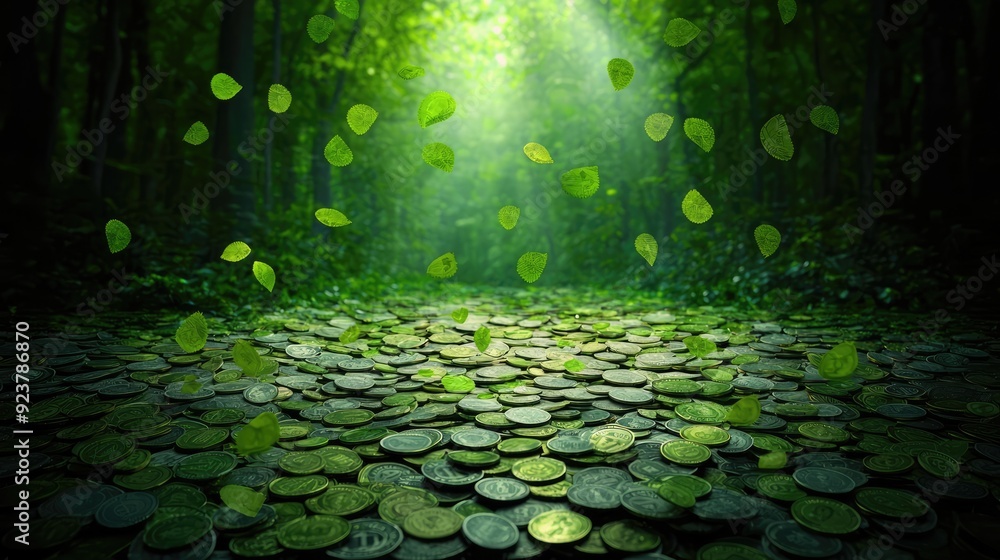 Fototapeta premium Fantasy Forest of Wealth: Digital Trees of Coins and Dollar Bill Leaves, Sunlight Illumination in Gold and Green Watercolor Harmony, Generative Ai