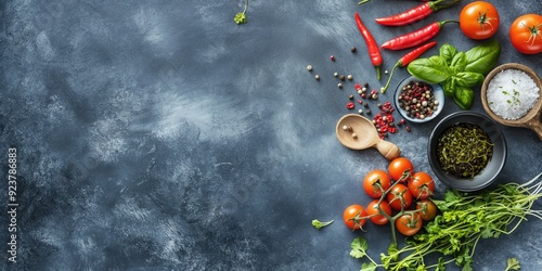 An assortment of fresh and colorful ingredients including tomatoes, chilies, and herbs on a grey kitchen counter.