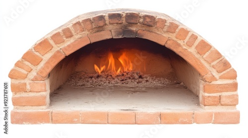 A traditional brick oven with flames, ideal for baking pizza and other dishes, showcasing warmth and craftsmanship. photo