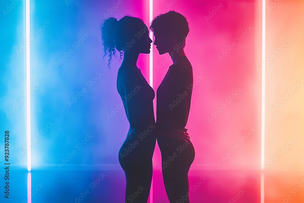 Two silhouetted figures stand close, illuminated by vibrant neon lights, creating a striking visual of intimacy and connection. Two silhouetted figures stand close, illuminated by vibrant neon lights, creating a striking visual of intimacy and connection.