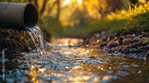 Flowing water emerges from a pipe into a reflective forest stream during golden hour, with surrounding nature illuminated by soft evening light, creating a calm scene.