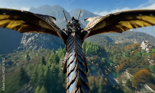 Epic Knight Riding a Dragon Through Majestic Mountain Landscape photo