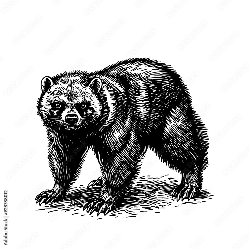 Obraz premium Vector illustration of a bear in the style of a black-and-white vintage engraving with detailed line and texture work, an elegant and refined drawing for print and design