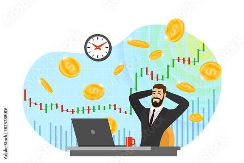 Happy businessman trader get money on backdrop of rising stock market index chart. Joy of growth income trading business man. Joyful person makes profit. Passive earning concept. Coin gain concept