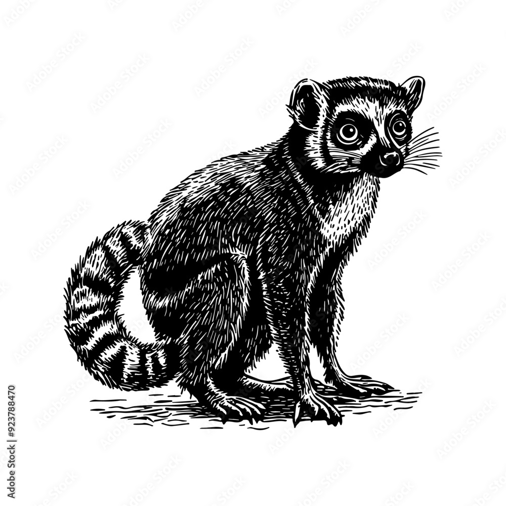 Obraz premium Vector illustration of a lemur in the style of a black-and-white vintage engraving with detailed line and texture work, an elegant and refined drawing for print and design