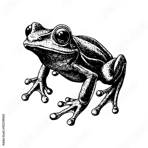Vector illustration of a frog in the style of a black-and-white vintage engraving with detailed line and texture work, an elegant and refined drawing for print and design