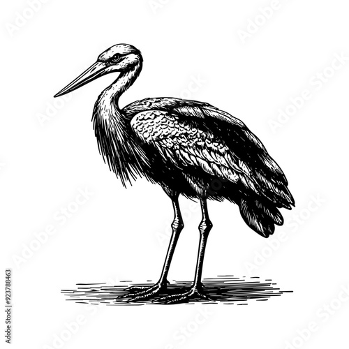 Vector illustration of a heron in the style of a black-and-white vintage engraving with detailed line and texture work, an elegant and refined drawing for print and design
