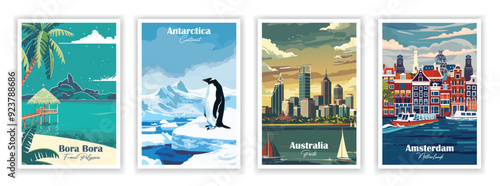 Set of 4 Vintage travel poster. Vector illustration. Amsterdam, Netherlands, Antarctica, Australia, Perth, Bora Bora, French Polynesia