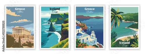 Set of 4 Vintage travel poster. Vector illustration. Greece, Greece, Athens, Iceland, Jamaica