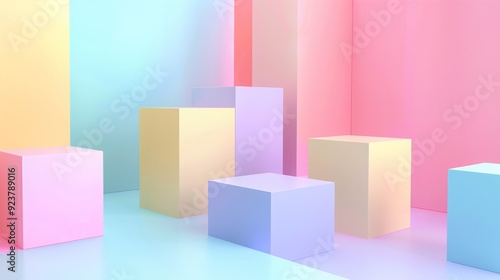 Pastel geometric shapes create a colorful and vibrant backdrop for a product display. AI generated images.