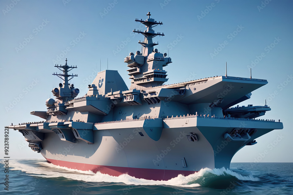 Massive Naval Aircraft Carrier Navigating Through Calm Blue Waters Under Clear Sky Massive Naval Aircraft Carrier Navigating Through Calm Blue Waters Under Clear Sky