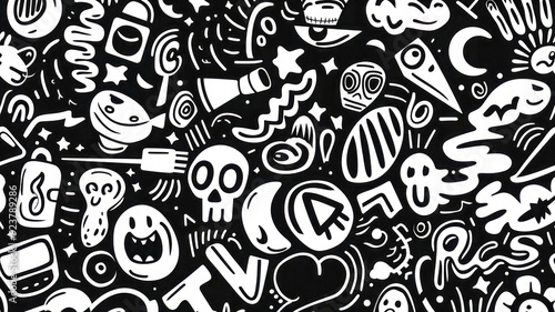 Wallpaper Mural Hand-Drawn Doodles  Background with Monochromatic Scheme, Playful and Random Quirky Shapes and Elements in a Fun and Casual Vibe, HD Quality Torontodigital.ca