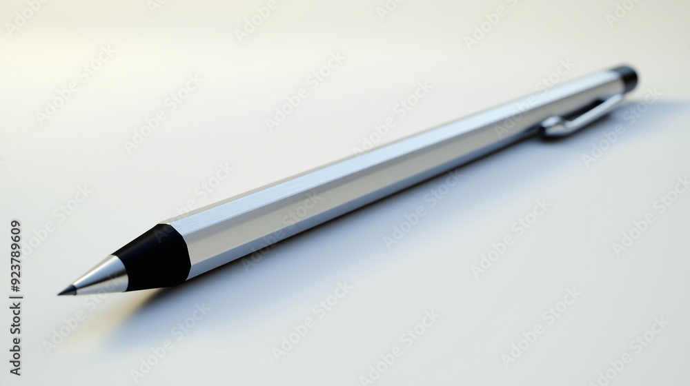 Fototapeta premium Sleek, silver mechanical pencil lies on a smooth, white surface. Its hexagonal barrel tapers to a fine point, A subtle shadow is cast by the pencil, emphasizing its clean lines and metallic sheen.