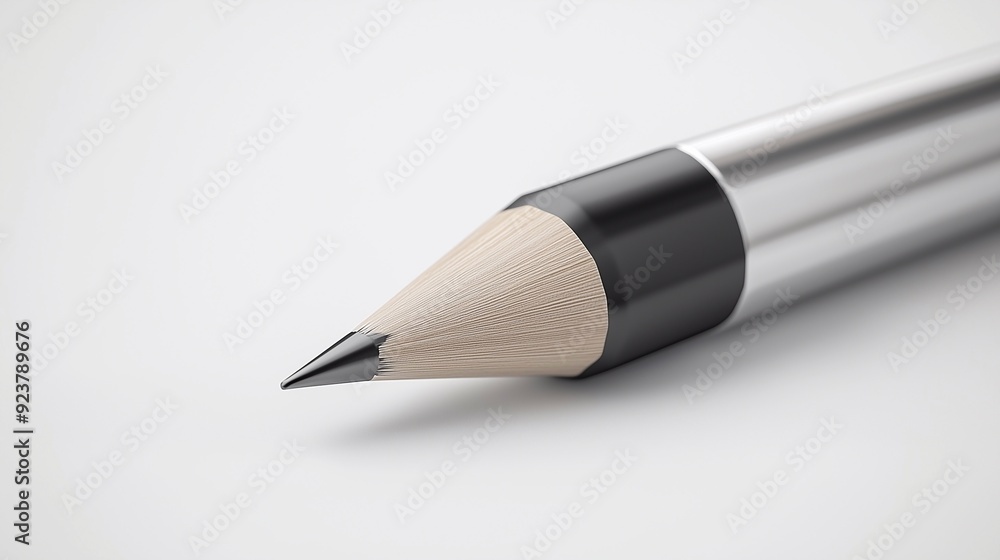 A close-up image showcases a meticulously sharpened pencil. The graphite tip is perfectly pointed, The pencil's metallic body reflects a soft light, contrasting against the clean, white background. A close-up image showcases a meticulously sharpened pencil. The graphite tip is perfectly pointed, The pencil's metallic body reflects a soft light, contrasting against the clean, white background.