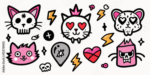Grunge doodle cat icon set, vector hand drawn sketch kitten, gothic heart, rock punk scribble symbol. Y2k emo romantic tattoo, Valentine love symbol, crayon inscription, bow, rose. Ink doodle cat
