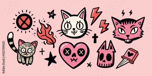 Grunge doodle cat icon set, vector hand drawn sketch kitten, gothic heart, rock punk scribble symbol. Y2k emo romantic tattoo, Valentine love symbol, crayon inscription, bow, rose. Ink doodle cat