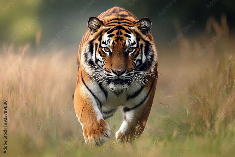 Fototapeta grassland Siberian tiger wildlife Bengal feline, 3d rendering, generative ai