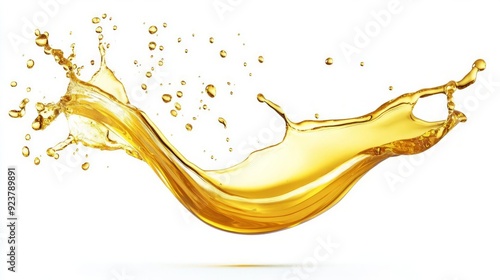 Golden olive oil splash with droplets, isolated on white background