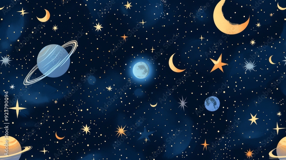 Fototapeta premium Space pattern featuring stars, moons