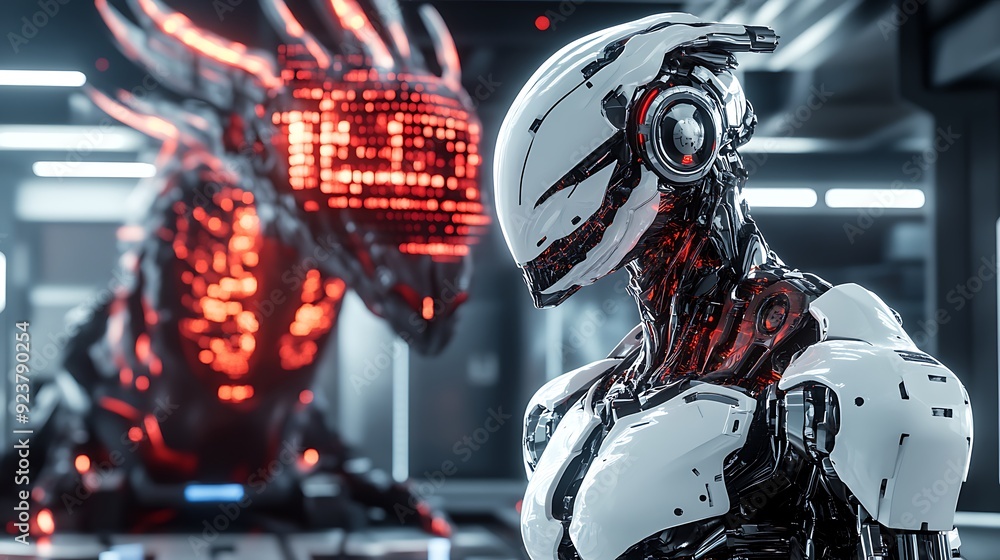 Fototapeta premium Futuristic Robot Guarding Virtual Dragon in Cyberpunk Control Room