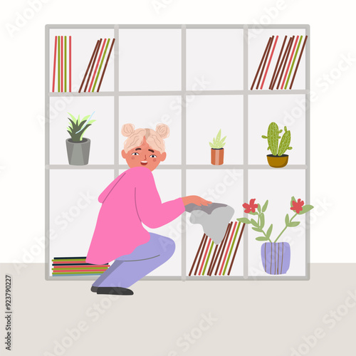 Vector illustration of about little girl dusting on shelves. Children doing household chores at home.