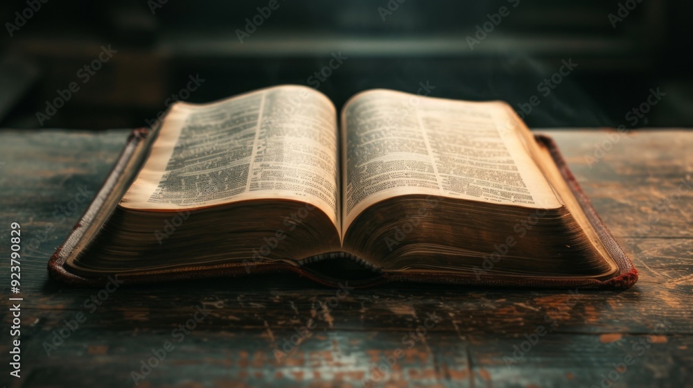 Fototapeta premium An open book on a clean wooden table