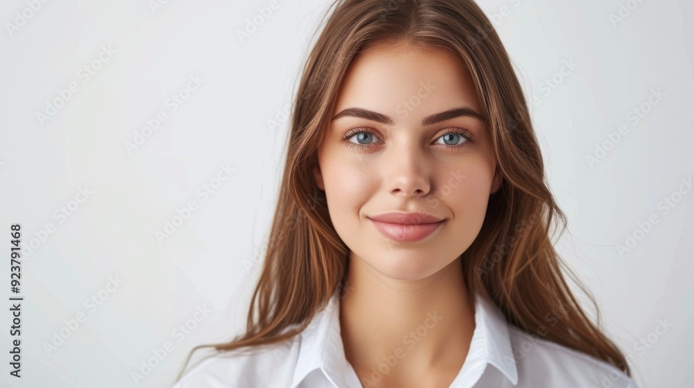 High-quality passport photo of a woman against a plain white background High-quality passport photo of a woman against a plain white background