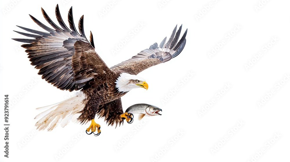Obraz premium Eagle with Prey, a striking depiction of an eagle grasping a fish, symbolizing survival and skill, set against a pristine white background for dramatic emphasis