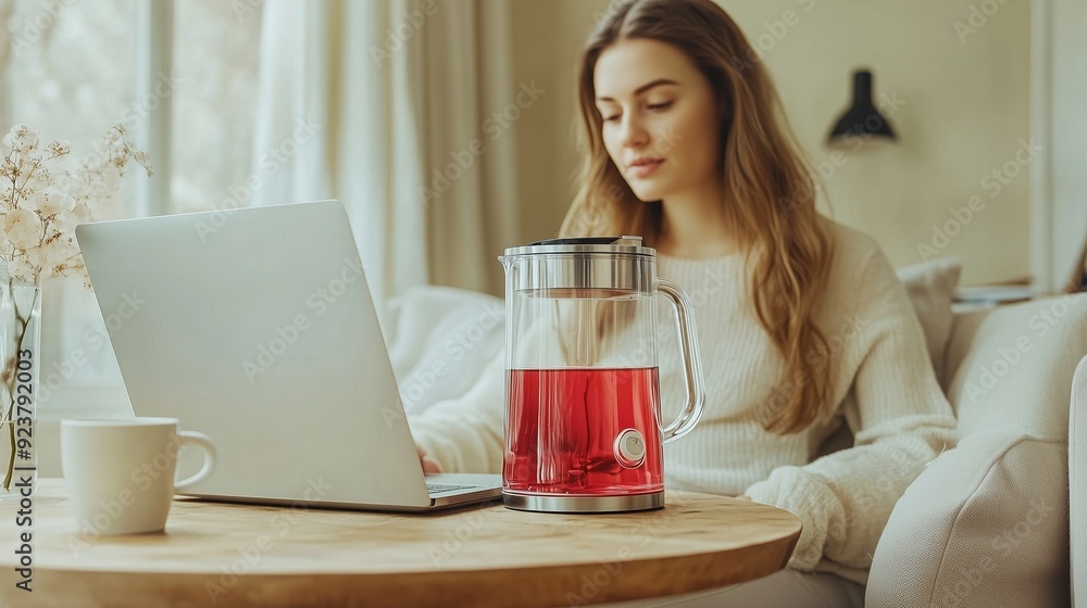 Woman preparing tea while working on a laptop at home during the afternoon Woman preparing tea while working on a laptop at home during the afternoon