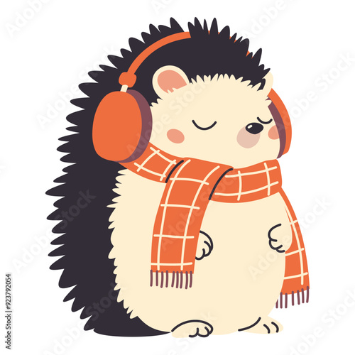 Vector illustration on white background in children's style. Cute hedgehog listening to music with headphones and scarf. Cute winter illustration . Vector illustration