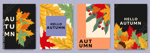 Collection of autumn season design poster template with minimalist design, vibrant leaves, and berries in text background. Leaves and Foliage. Autumn background, cover, sale banner, flyer, advertising