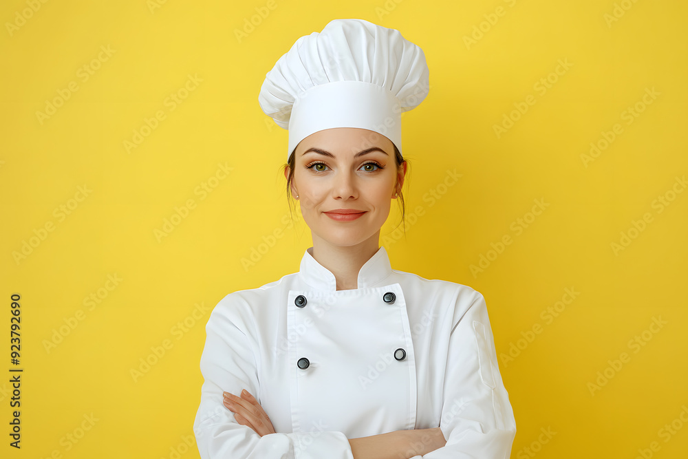 Portrait of woman chef in white outfit with crossed arms looking at camera on yellow background
Portrait of woman chef in white outfit with crossed arms looking at camera on yellow background