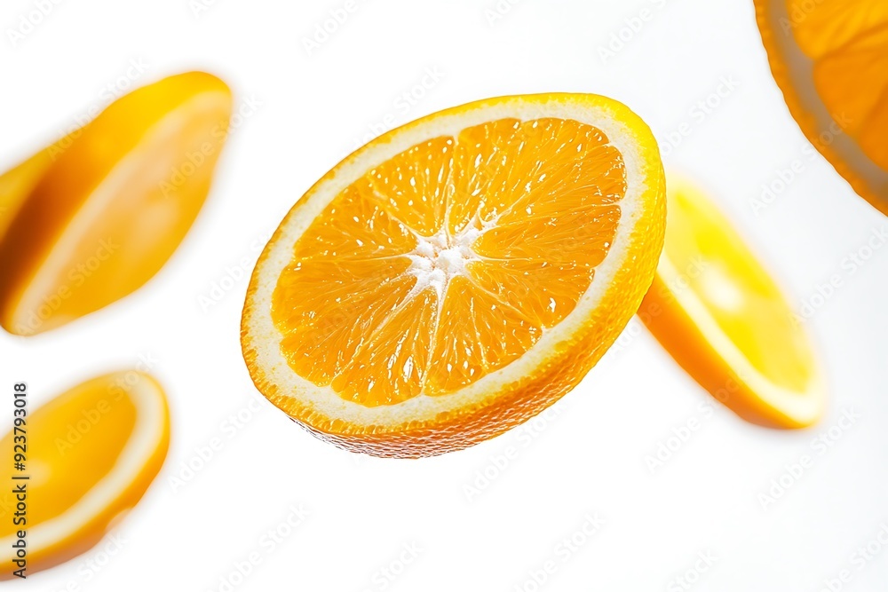 Fototapeta premium Citrus Splash: Vibrant Fresh Orange Slices in Mid-Air Promotion