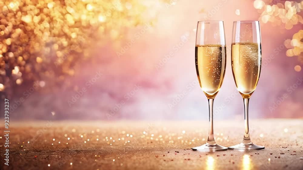 two glasses of champagne on pink blurred glitter background, congratulations, birthday, anniversary, Happy New Year concept, copy space, slow mooving video two glasses of champagne on pink blurred glitter background, congratulations, birthday, anniversary, Happy New Year concept, copy space, slow mooving video