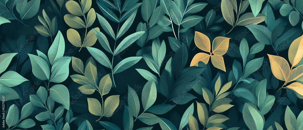 A vibrant pattern of lush foliage featuring a mix of green and golden leaves, perfect for nature-themed designs. A vibrant pattern of lush foliage featuring a mix of green and golden leaves, perfect for nature-themed designs.