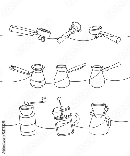 Coffee shop one line continuous drawing. Portafilters, Turkish coffee pots, grinders, French press, coffee maker continuous one line illustration.