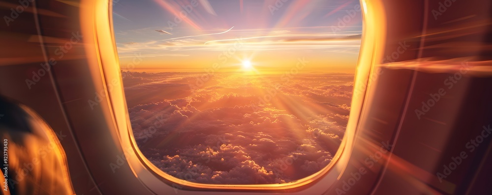 Sunset View Through Airplane Window Over Clouds Sunset View Through Airplane Window Over Clouds