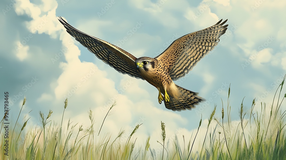Fototapeta premium Majestic Kestrel Hovering in a Vibrant Grassy Field - Illustration of Beautiful Bird of Prey in Nature