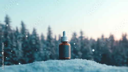 A winter scene featuring a serum bottle on snow, surrounded by a serene forest backdrop, perfect for skincare and wellness themes.