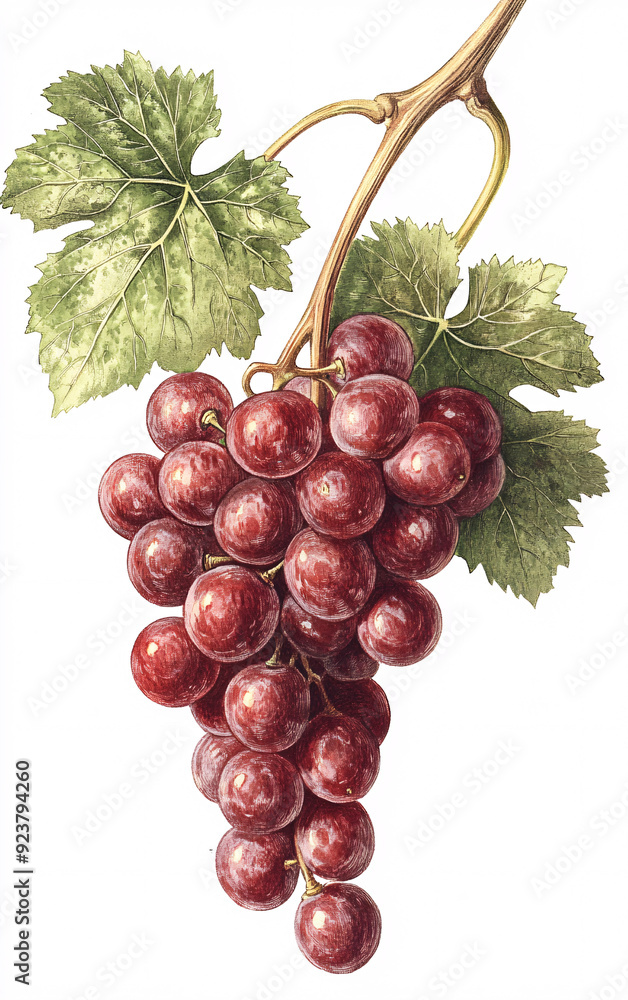 Fototapeta premium Detailed Botanical Illustration of a Grapevine with a Cluster of Ripe Red Grapes and Green Leaves, Emphasizing Natural Beauty and Texture in Traditional Botanical Art