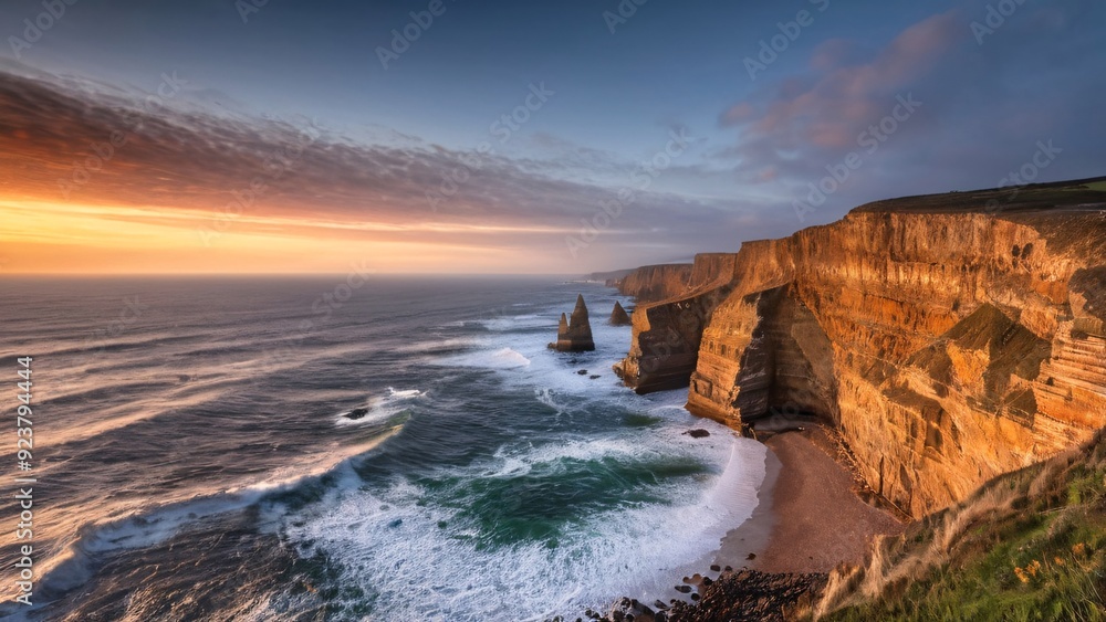 Obraz premium Dawn's Light on Rugged Coastal Cliffs