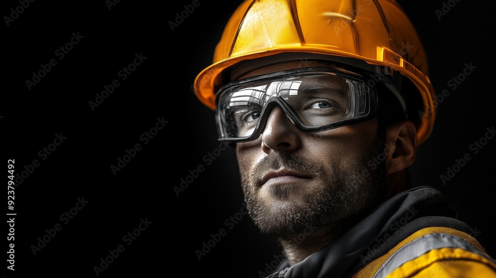 A side profile of a construction worker equipped with essential safety gear, including a yellow hard hat and protective goggles, set against a dark background A side profile of a construction worker equipped with essential safety gear, including a yellow hard hat and protective goggles, set against a dark background