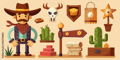 Wild west vector icon set, cartoon game UI cowboy object, sheriff golden badge, cow skull on white. Wanted parchment poster, wooden road sign board, canyon cactus, stone. Wild west adventure element