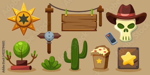 Wild west vector icon set, cartoon game UI cowboy object, sheriff golden badge, cow skull on white. Wanted parchment poster, wooden road sign board, canyon cactus, stone. Wild west adventure element